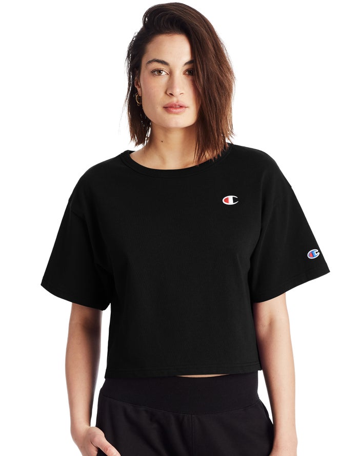 Champion Heritage Cropped C Logo Kadın Tişört Siyah ( WQKVCS425 )